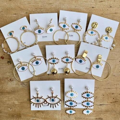 2020 Vintage Circle Geometric Simulated Pearl Evil Eye Enameld Jewelry Mixed Earrings Lot Boho Gold Eye Earrings For Women