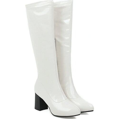 2021 Lady Candy Color New Long Boots Ladies Patent Leather Side Zipper Think High Heel Boots Autumn Winter Plus Size Women Shoes