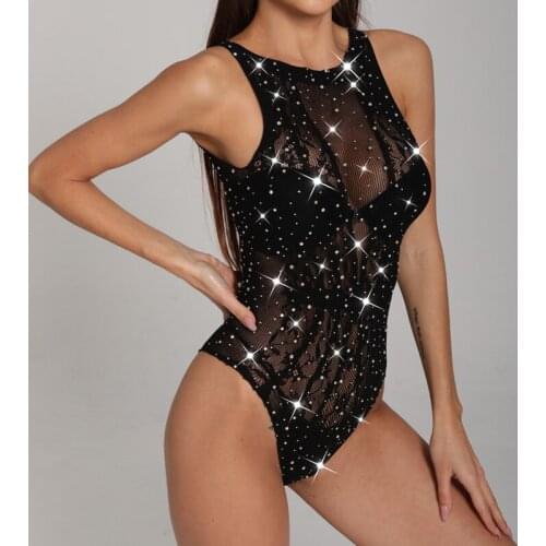 Hollow Out Tight Mesh Transparent Sexy Female Black Rompers Rhinestone Jacquard Sleeveless Open Back High Elastic Thin Bodysuits