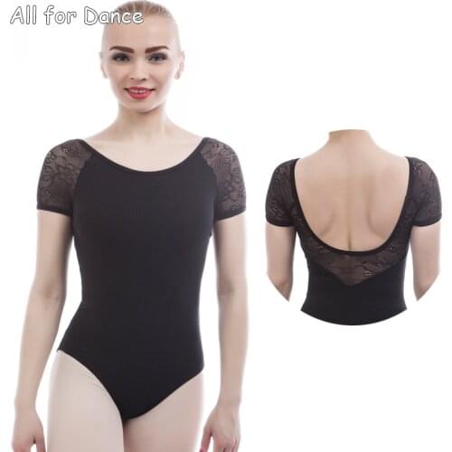Short Sleeves Back U Shape Black Cotton Lace Sleeves Ballet Dance Leotard Bodysuit Gymnastic ShapeWear Adult Ballet Wear