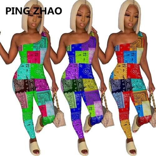 PING ZHAO Bandana Sexy One Shoulder Bodycon Jumpsuit for 2021 Fashion Women Summer Clothes Vacation Outfits