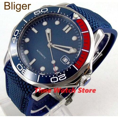 Bliger 41m Miyota 8215 Automatic watch men sapphire glass waterproof blue dial date blue red ceramic bezel canvas rubber strap