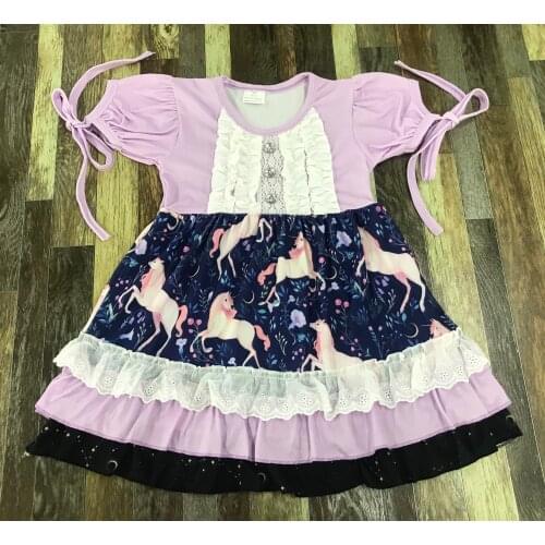 Childrens boutique clothes Baby girl cartoon horse flower lace multi-layer lace diamond button strap short sleeve dress