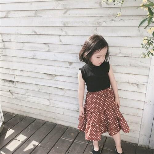 Girls Clothes Set Fashion Black Sleeveless Shirt and Dot Brown Skirt Elegant Baby Kids Clothing Sets New Brand Kids Wear Clothes