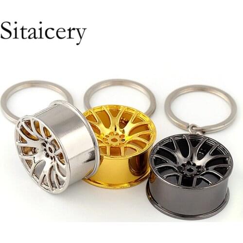 Sitaicery Metal Keychain Car Wheel Hub Auto Logos Key Chain Auto Repair Parts Car Mini Tire Wheel Key Ring 3 Color Key Pendant