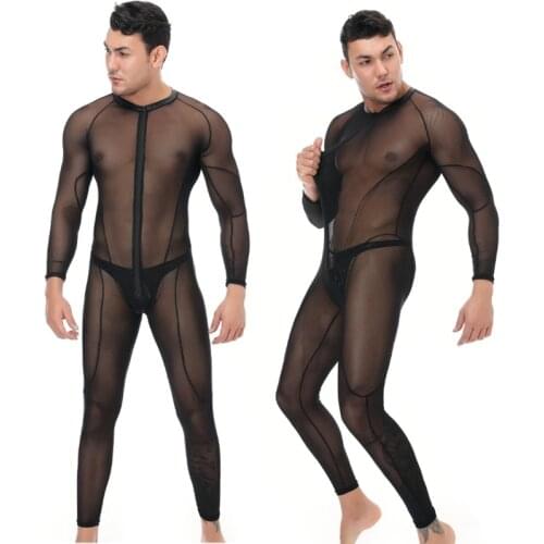 Mens Sexy Black See-through Mesh Catsuit Bodysuit Erotic Lingerie Male Sexy Full Body Stockings Front Zipper One Piece Jumpsuit