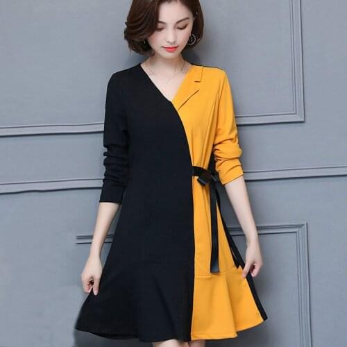 Winter Autumn Dress Women 2019 Casual Black Yellow Patchwork Dresses Large Size Ladies Dress Chiffon Office Vestidos Mujer