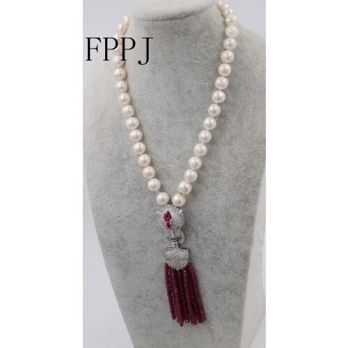 Freshwater pearl white near round 10-11mm pink red jade roundel faceted ecklace 18inch FPPJ wholesale beads nature