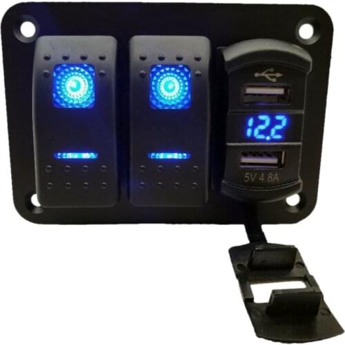AU04 -2 Gang 12V-24V DC Rocker Switch Panel with 4.8 Amp Dual USB Charger Voltmeter Waterproof for Car Trucks Boats RVs