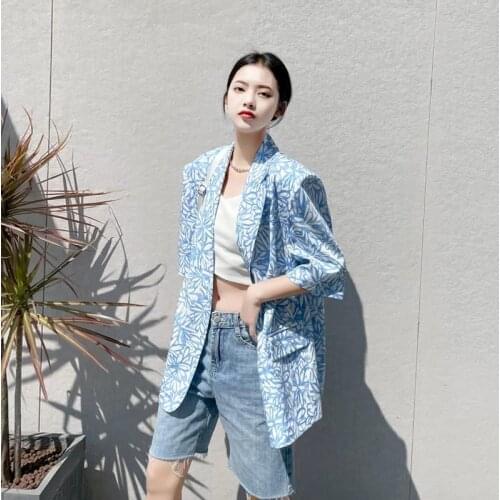 Blazer Women Short-sleeved Suit Jacket Womens Trendy Ins Spring Summer 2021 New Thin Korean Loose Blue Print Fried Street Suit