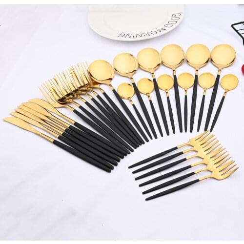 30Pcs/6Set Black Gold Flatware Cutlery Set Stainless Steel Dinnerware Kitchen Mirror Tableware Knife Cake Fork Spoon Silverware