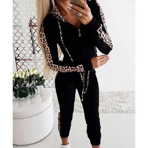 Sexy Ladies Leopard Print Hooded Sweatshirts Fashion Female Drawstring Pants Casual Women Tracksuit New Autumn Female Tracksuit