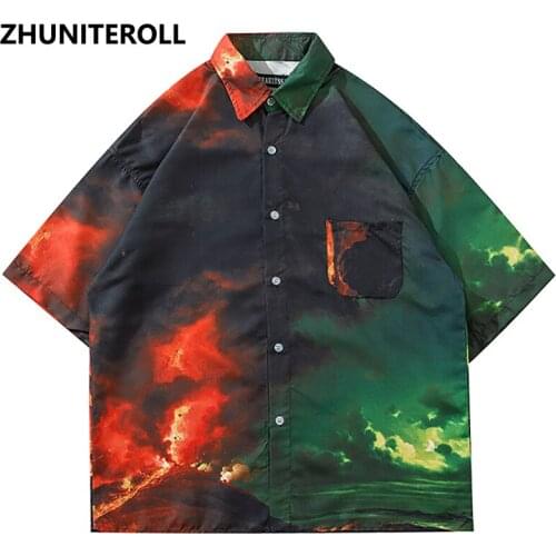 2021 Vintage Hawaiian Shirts Hip Hop Gradient Lightning Print Shirt Streetwear Harajuku Beach Holiday Button Short Sleeve Tops