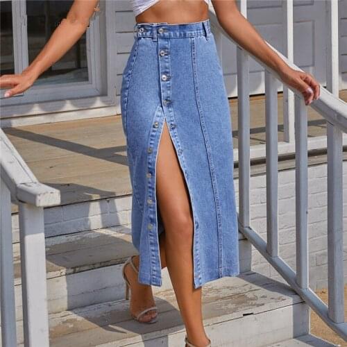 High Waist Split Midi Demin Skirt For Woman Summer Korean Style Jeans Skirts Ladies Blue Slim Button Streetwear Harajuku