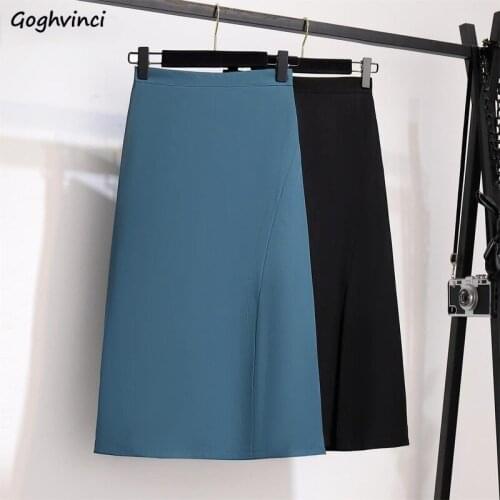 Skirts Women Side-slit Summer High Waist Slim Fashion A-line Casual Solid Minimalist Elegant Office Lady Simple Mid-calf Mujer
