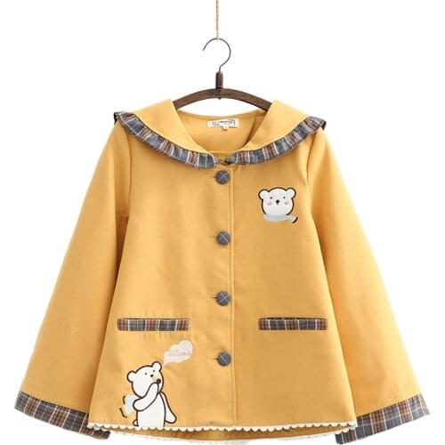 Women Jackets Cartoon Bear Embroidery Single Breasted Coat 2020 Autumn Winter Flare Sleeve Sailor Collar Sweet Style Outwears