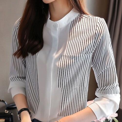 Long Sleeve Women Blouses Shirts Blouse Women Blusas Mujer De Moda 2021 Black Striped Chiffon Blouse Shirt Women Tops Blusa D431