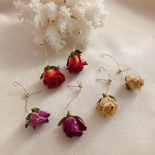 New Eternal Rose Flower Metal Earrings For Women Dry Flower Korea Design Fashion Dangle Jewelry Elegant Female Earrings