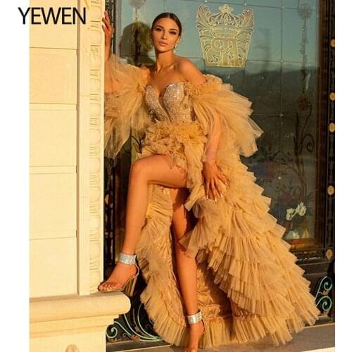 V Neck Tulle Prom Dress Long with Slit Off Shoulder Jewelry Generous Ruffles Evening Dress Photography Dress Outfit YEWEN