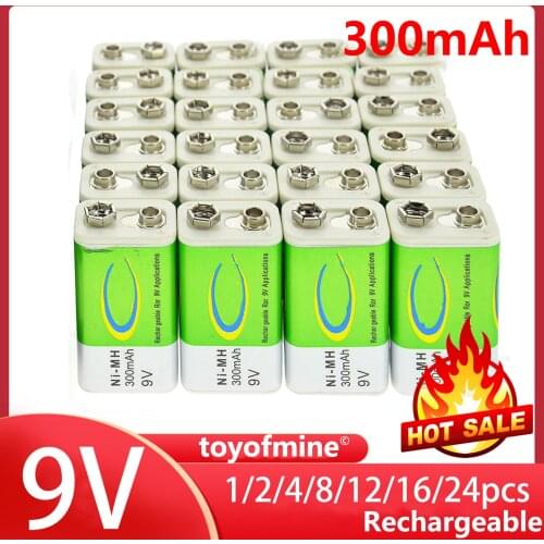 1-24pcs/sets 9V 9 Volt 300mAh Green Ni-Mh Rechargeable Battery for Electronic Smoke Guitar