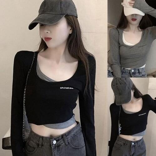 2021 Women Chic Long Sleeve Letters Print Fake Two Piece Blouse Slim Blouse Crop Top Sexy High Street Women Club Wear Patchwork