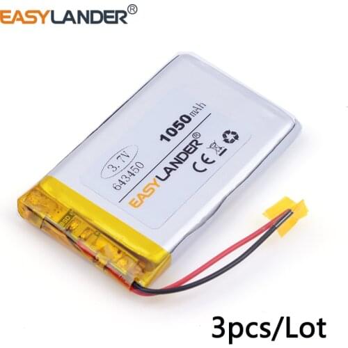 3pcs /Lot 643450 3.7V 1050mah lithium Li ion polymer rechargeable battery For GPS Bluetooth Digital Products toys PDA Tools