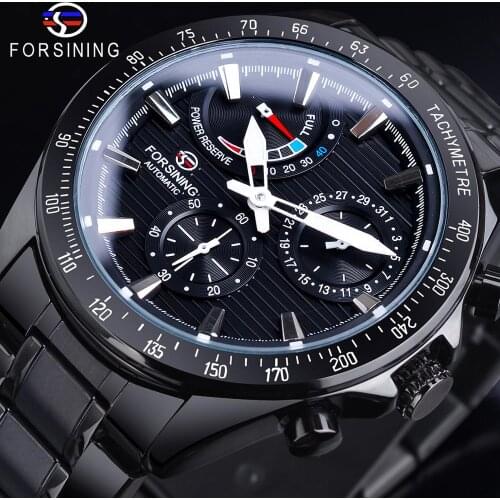 Forsining Power Reserve Design Date Automatic Mechanical Watch Black Stainless Steel Waterproof Luminous Hand Business Watch