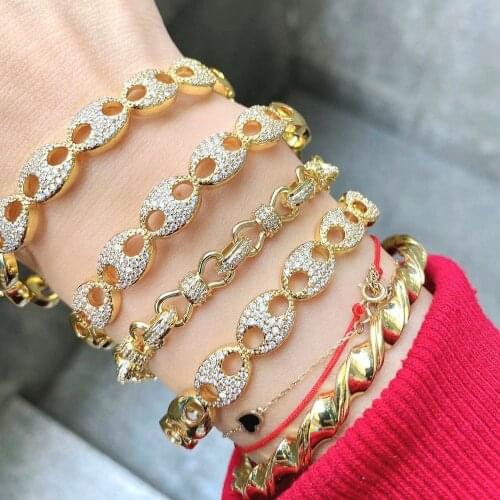 3Pcs Newest Arrival Gold Plating Brass Coffee Bean Micro Insert Cubic Zircon Pig Nose Chain Cuff Bracelet For DIY Jewelry