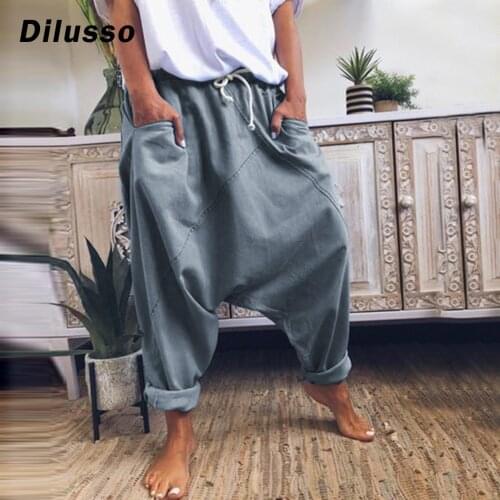 Fashion Harem Pants Women Casual Hip Hop Loose Trousers With Pocket Solid Color Vintage Joggers Wide Leg Pants Women Capris#D3