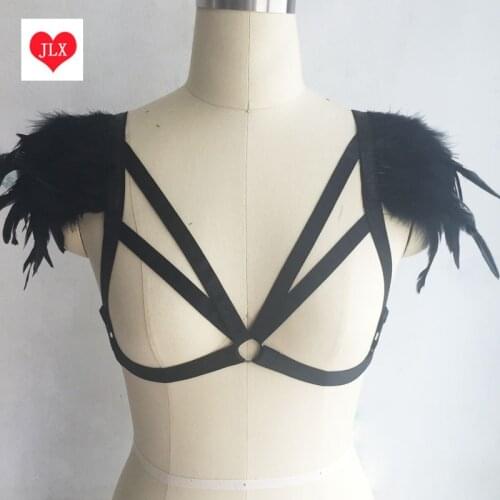 Fashion womens Harness harnais Cage Bra Punk Black Feather Open Chest Harness Belt Metal Buckle Decorations Lingerie