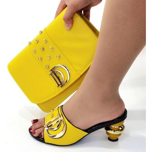 Doershow Italian Shoes With Matching Bags Set Italy African Womens Party Shoes and Bag Sets yellow Color Women shoes! SKJ1-15