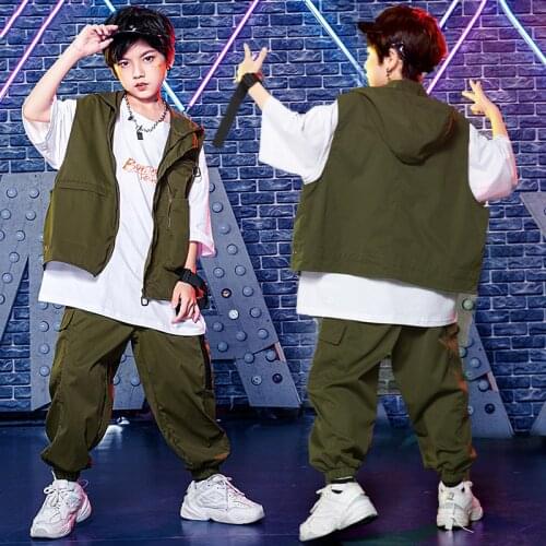Jazz Dance Costumes For Kids Loose Army Green Vest Cargo Pants Hip Hop Dancers Outfits Ballroom Hip Hop Dance Clothes DQS7662