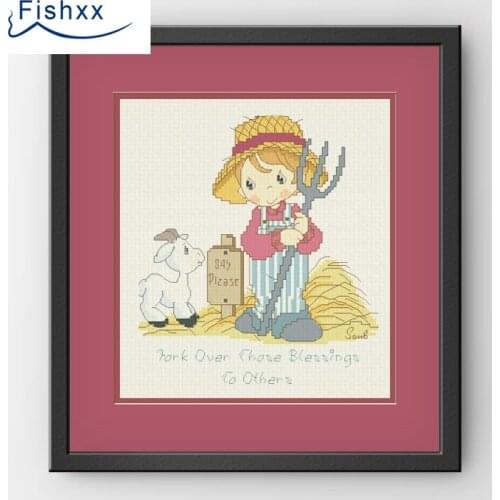 European Style Idyllic Cartoon Characters Fishxx Cross Stitch Kit H217 Lamb And Farmer Ivory White Cloth