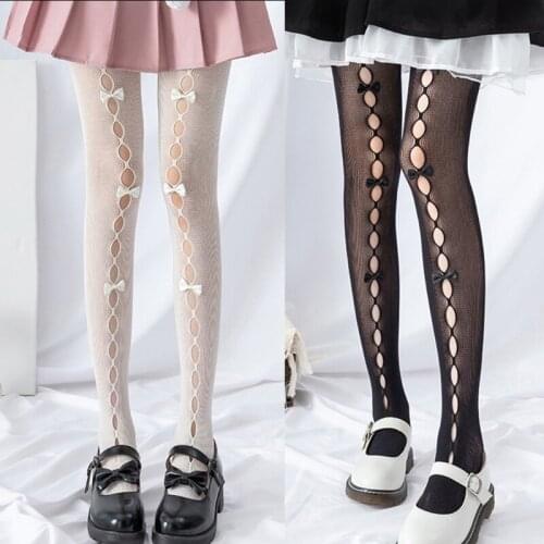 Women Girls Hollow Out Hole Fishnet Pantyhose Sweet Handmade Bowknot Japanese Lolita Kawaii Stretch Tights Stockings