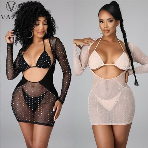 VAZN 2021 Swimming Bikini Summer Bandage V-Neck Full Sleeve Dot Sport Clothing Suits 3 Piece Set Women Top And Pant