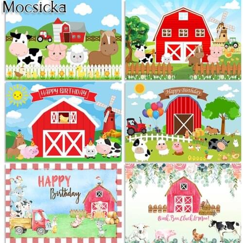 Mocsicka Cartoon Farm Animals Backdrop Child Baby Red Barn Farm Birthday Party Decorations Photoshoot Photography Background