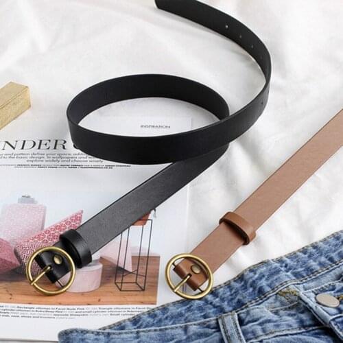 Fashion Trendy Round Buckle Belts Solid Color Belt PU Belts For Women Bronze Buckle Waistband For Jeans Pants