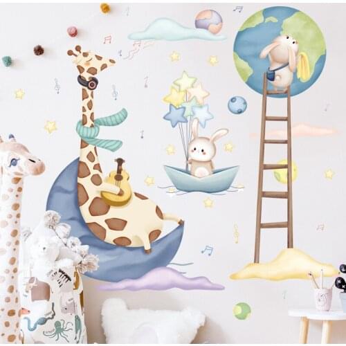 Cartoon Animals Wall Stickers Home Decor Childrens Room Bedroom Decals Earth-Moon Giraffe Rabbit Stickers Baby Room Decor