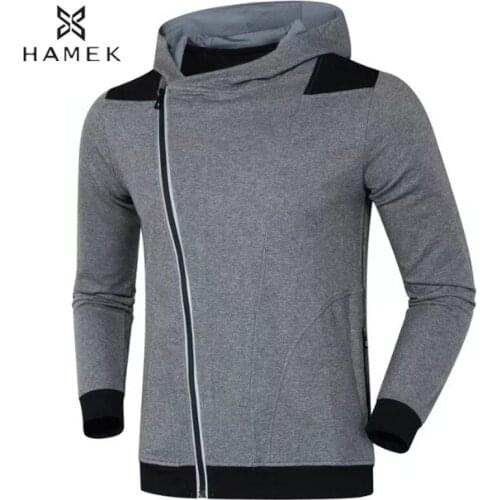 Mens Slanted Zip Hooded Running Jacket Reflective Stripe Patchwork Basketball Soccer Sportswear Training Clothes Fitness Gym