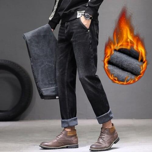 2020 Winter New Mens Warm Jeans Anti-theft Zipper Design Thicken Stretch Jean Trousers Classic Style Fleece Pants Male Brand