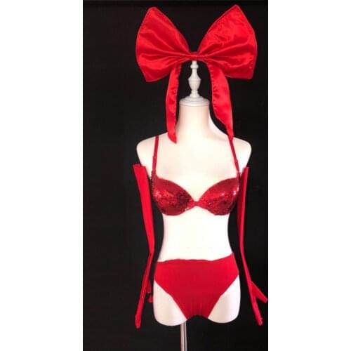 New Jazz Pole Dance Costumes Female Singer Stage Performance Clothes Red Sequin Sexy Bikini Suit Nightclub Rave Outfits DWY5894