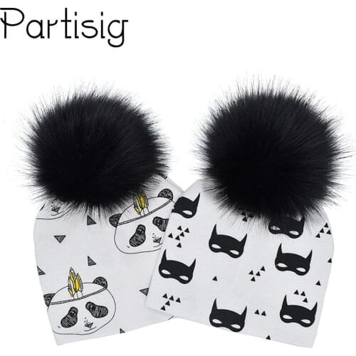 Autumn Kids Boy Girl Winter Cartoon Printing Cotton Hat With Pompon Artificial Fox Fur Baby Caps Childrens Accessories Bonnet