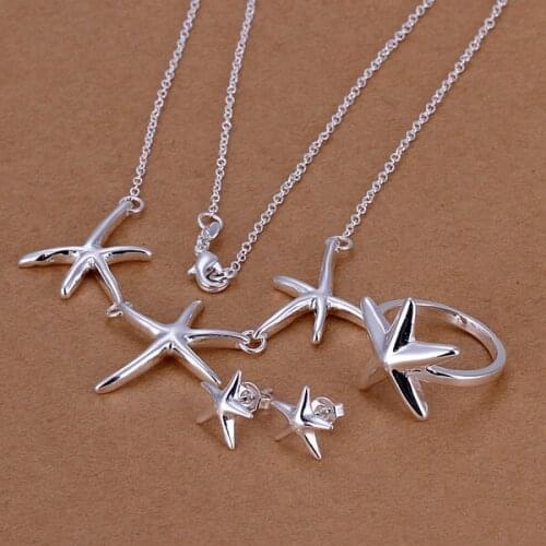 S174 Wholesale, free shipping jewelry set, fashion jewelry set Starfish Ring Stud Earrings Necklace Jewelry Set
