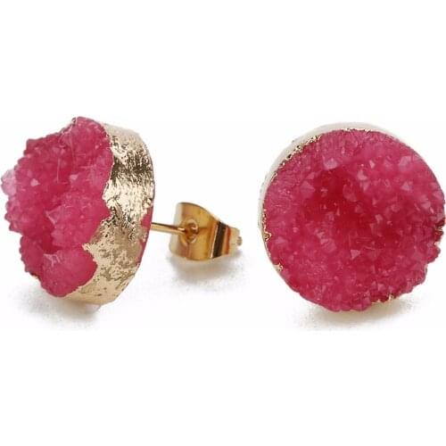 LOULEUR 1Pair Raw Crystal Quartz Druzy Stud Earrings For Women Geometric Shape Gold Color Natural stone Stud Earring Jewelry