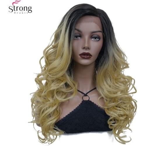 StrongBeauty Long Curly Lace Front Wig for Women Ombre Blonde Dark root Synthetic Lace Wigs Hair