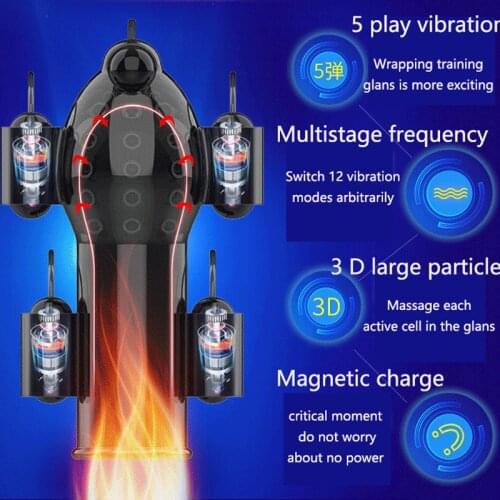 USB Charging 12 Speeds Male Masturbator Electric Shock Glans Bullet Penis 5 Caps Vibrator Delay Lasting Trainer Sex Toys For Men