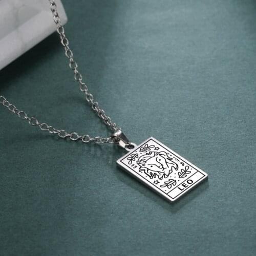 Unift 12 Constellation Zodiac Necklace Star Stainless Steel Square Pendant Amulet Jewelry Women Accessories Birthday Gifts Leo