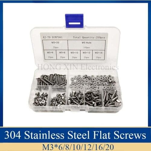 250pcs/set M3 Flat Head 304 Stainless Steel Hex Socket Screws Bolt With Hex Nuts Assortment Kit Repair Tool Sample box Fastener