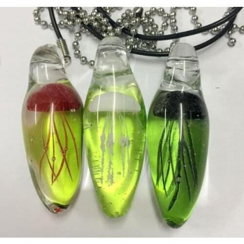 FREE SHIPPING 3PCS MIX Jellyfish New Hand Blown Glass Pendant Green Back Tentacles Necklace Black Rope