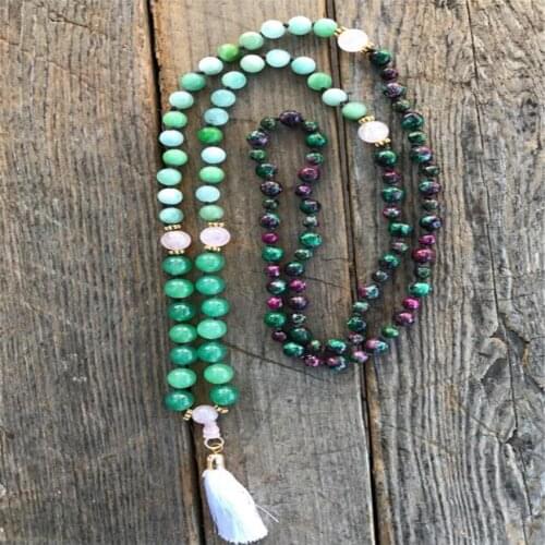 8mm 108 Flower green jade Gemstone Mala Tassel necklace Unisex Veins MONK Chakas energy Reiki Buddhism cuff chain